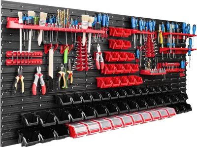 Obrázok produktu pre Skladovací systém dielenské regály | 172 x 78 cm | 62 ks. Box | Nástenné regály s držiakmi na náradie a stohovateľnými boxmi - Nástenné dosky Extra silné regály s otvormi na náradie Skladové regály Garážové regály