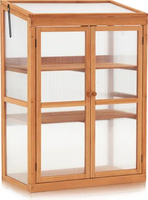 Produktbild von M MCombo Gewächshaus Frühbeet aus Holz, für Balkon & Garten, Klein Treibhaus Greenhouse Aufsatz Kasten winterfest, 46*76*110cm, 0760 (Orange)