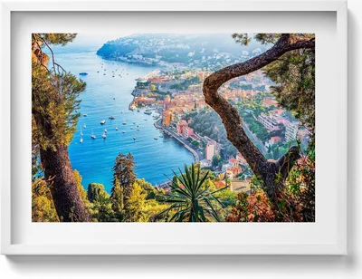 Produktbild von Dorf von Villefranche-sur-Mer– Wandbild mit Rahmen – Gerahmtes Bild  – Wanddekoration – 70x50 cm –  Weiß Rahmen