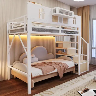 Zdjęcie produktu dla Łóżko piętrowe o wymiarach 90x200 cm, wykonane z metalu i MDF w kolorze białym, wyposażone w schodki z miejscem do przechowywania, listwę świetlną, półkę i podwyższone barierki ochronne