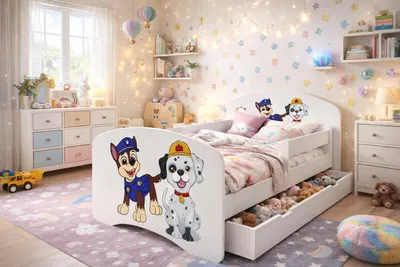 Produktbild von Happy Babies Kinderbett mit Rausfallschutz Junge 140x70 Bett für Kinderzimmer mit Schublade Matratze Einzelbett für Kinder Blau Hundemotiv
