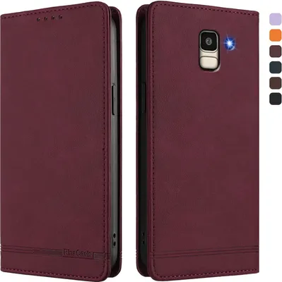 Produktbild von Hülle für Samsung Galaxy J6 2018, Retro Kunstleder Ständer Klapphülle mit Kartenfächer und Magnetische Rot