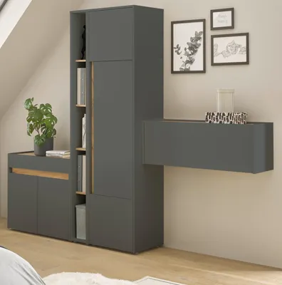 Produktbild von Büromöbel komplett Set Center grau matt Wotan Eiche mit Aktenschrank, Sekretär