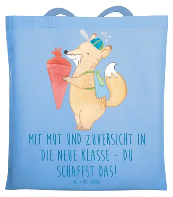 Produktbild von Mr. & Mrs. Panda Schultasche Erster Schultag Mut und Zuversicht - Sky Blue - Geschenk, positivity, Schulstart, Shopping Tasche, Laptoptasche, ermutigende Sprüche, Trost
