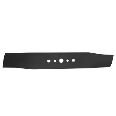 A black lawnmower blade is shown against a white background.