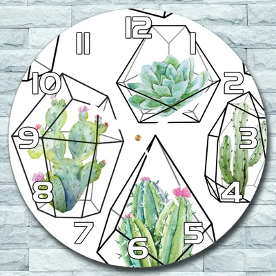 Produktbild von Wanduhr aus Glas Rund fi 30 Kaktus Kakteen Quarz Deko Schlafzimmer Büro