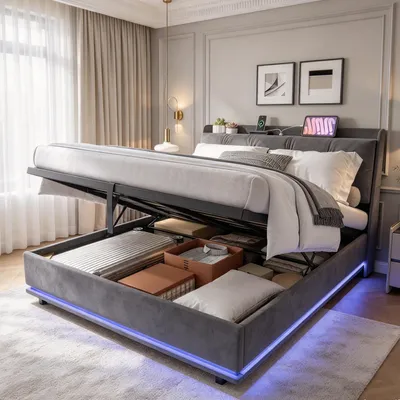 Imagen del producto de Cama tapizada INONEFT de 140x200 cm con LED y USB, cama hidráulica con espacio de almacenamiento, cama doble con cabecero, estructura de cama con somier, terciopelo, gris