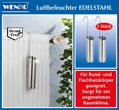A product collage showing stainless steel radiators humidifiers attached to a radiator, along with the product packaging and descriptive text.