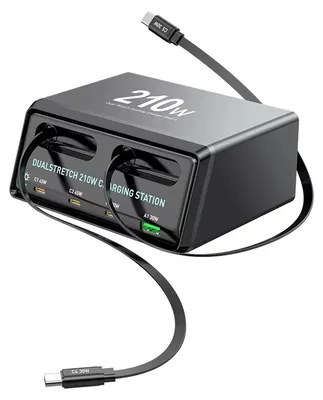 Produktbild von Bakeey WLX-60E GaN USB Ladestation 210W, 6 Anschlüsse (3×USB-C, USB-A, 2×USB-C-Kabel), PD/QC3.0 Schnellladegerät, EU-Stecker