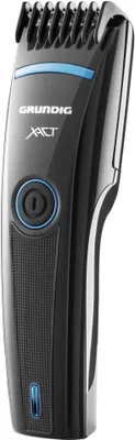 A product shot of a black beard trimmer with blue accents.