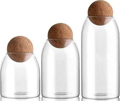 Productafbeelding van Unyqoos® Set van 3 luchtdichte voorraadpotten van borosilicaatglas met kurkkogeldeksel – 500/800/1200 ml (9×15/9×19/9×23 cm) voor koffie, suiker, kruiden