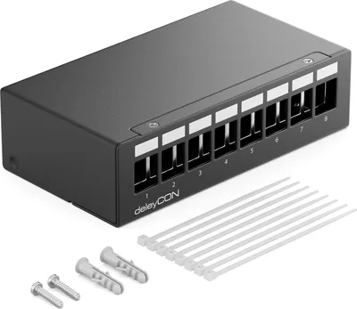 Produktbild von deleyCON 8 Port Patchpanel Gehäuse 1HE für 14,9mm x 17mm Keystone Module mit z.B. RJ45 Koaxialstecker BNC F-Stecker Antennenstecker RJ-11 Cinch Klinke USB Toslink PS2 HDMI - Schwarz