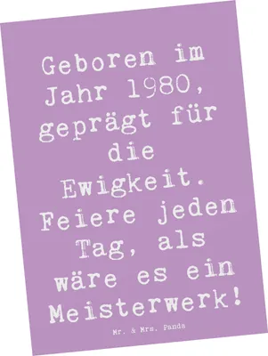 Produktbild von Mr. & Mrs. Panda Postkarte Spruch 1980 Geburtstag Feier - Lavendeltraum - Geschenk, Jahrgang, Ansichtskarte, Alter, Ansichtskarten, Geboren im Jahr, bildkarte, Postkarten