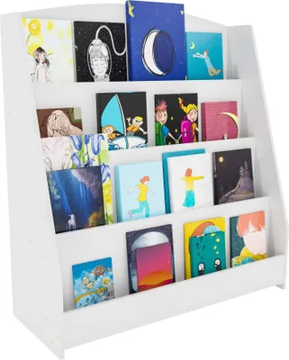 A white bookshelf filled with children's books.