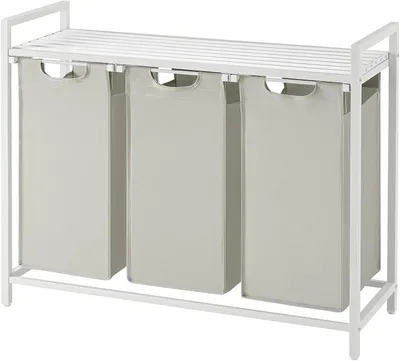 Immagine prodotto di Cesto per la biancheria con ripiano - Contenitore per il bucato - Cesto per la separazione della biancheria - Tre sacchi estraibili - 92,5 x 33 x 72 cm