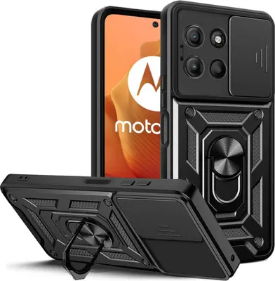 A black phone case with a built-in ring stand and camera cover is displayed alongside a Motorola smartphone.