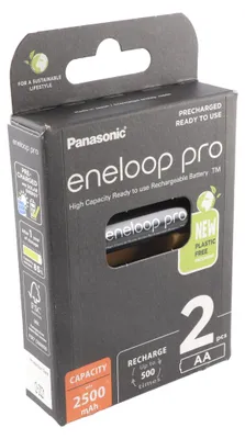 Produktbild von Panasonic 2500mAh, 1.2V, Wiederaufladbarer Akku, AA, 1,2 V, 2 Stück(e), 2500 mAh, Schwarz