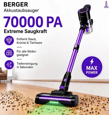 Produktbild von BERGER Akku Staubsauger, Staubsauger, Kabellos, 70000 Pa , 60 min Laufzeit, Stielstaubsauger, Berger, 1.8L, Sauger mit Touch, Tierhaar,