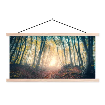 Obrázek produktu pro MuchoWow® Textilní plakát - Les - Mlha - Slunce - Podzim - 90x45cm - S hnědými lamelami