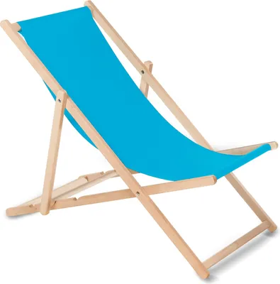 A blue canvas sling chair with a wooden frame on a white background.