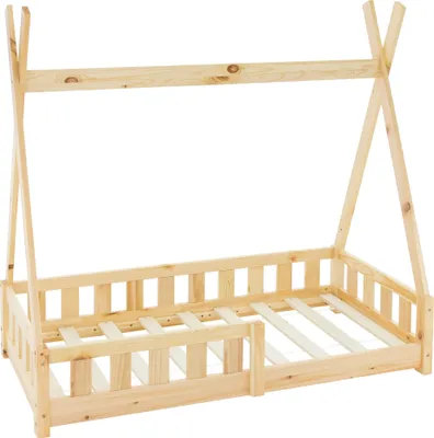 Produktbild von ML-Design Kinderbett Tipi 70x140 cm mit Rausfallschutz und Lattenrost, Natur, aus Kiefernholz, Hausbett mit Zaun, Bodenbett, Holzbett