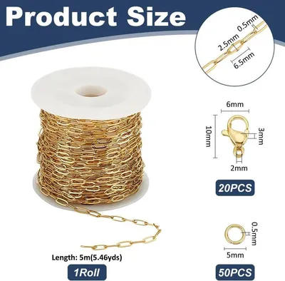5 Meter Stoeprand Kabelkette - Edelstahl - Goldene Kettenglieder - Großpackung mit Verschlüssen