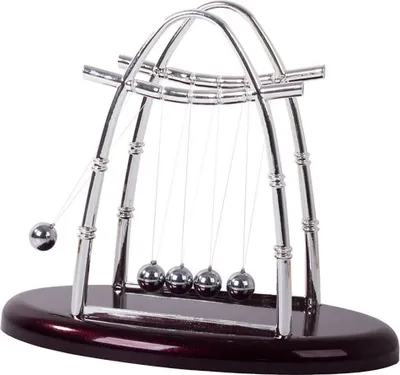 A Newtons Cradle on a white background.