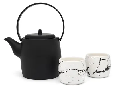 Gusseiserne Teekanne 1,2 L mit 2 Porzellanbechern, 3-teilig
