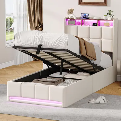 Immagine prodotto di Letto imbottito 90x200 cm con vano contenitore idraulico, illuminazione a LED e ricarica USB/Type-C, lino beige
