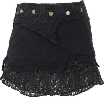 Produktbild von Natürlicher Goa Sommerrock, Ethno Wickelrock mit Spitze, Hüftschmeichler - Schwarz, Damen, Baumwolle, Größe: S/M