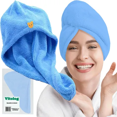 Immagine prodotto di Turbante per capelli in microfibra con bottone, turbante per la testa, 65 x 26 x 1,5 cm, blu, microfibra