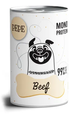 Zdjęcie produktu dla Paka Zwierzaka PEPE - KARMA MOKRA Beef 99% 400g Zawiera 99% mięsa, cennych podrobów oraz rosołu z wołowiny