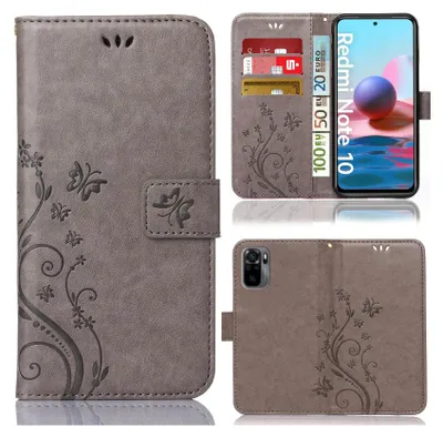 Collage of images showing a flip phone case for a Xiaomi Redmi Note 10, with close-ups of its features and the phone inside.