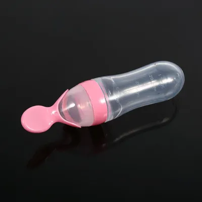 Obrázok produktu pre 90 ml silikónová fľaša pre dojčatá a malé deti, s lyžičkou, na čerstvé potraviny, müsli, stlačiteľné jedlá (ružová)
