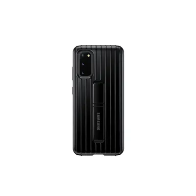 A black Samsung phone case with a stand is shown against a white background.