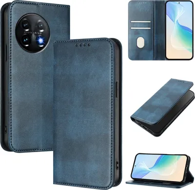 Produktbild von Handyhülle für OnePlus 11, Vintage Leder RFID Schutz Kartenfach Standfunktion Magnetische Klapphülle Blau