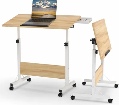 Two adjustable height laptop tables with wooden tops and white metal frames, one with a laptop on it.