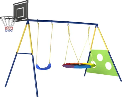 Produktbild von Schaukelgestell 4-in-1 Schaukel-Set bis 150 kg mit Nestschaukel Basketballkorb Fußballtor U-Schaukel 288 x 160 x 220 cm