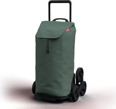 A green shopping trolley with a black handle and wheels, shown against a white background.