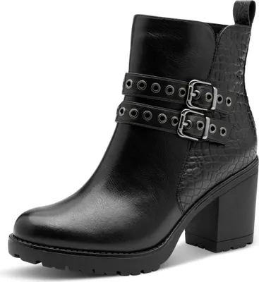A black leather ankle boot with buckle and crocodile-effect detailing.
