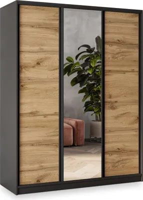 Produktbild von Masseno Schiebetürenschrank SORE 150/205/58 cm Kleiderschrank mit 4 Schubladen Schlafzimmer Schrank 3-türig mit Spiegel Schwarz / Eiche Wotan