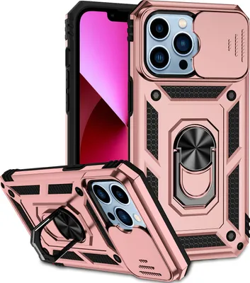 Image de Étui pour iPhone 13 Pro étui double couche avec cache-appareil photo coulissant et anneau de support Rose