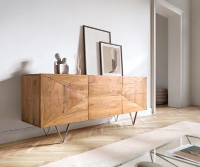Produktbild von DELIFE Design-Sideboard Wyatt 175 cm 3D Optik mittig Akazie Natur Edelstahl