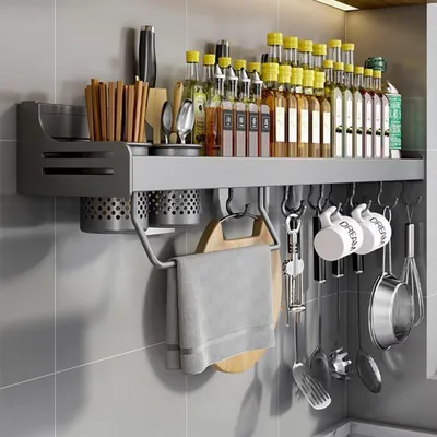 Produktbild von Hängendes Gewürzregal für Küche ohne Bohren, Organizer mit Messerschlitz, Grau 80cm