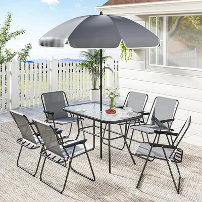 Produktbild von Gartenmöbel Set 8-teilig, 6 Personen Sitzgruppe, klappbare Stühle & Glastisch mit Schirmloch, Grau | 119 x 68 x 70 cm | inkl. Sonnenschirm 180 cm