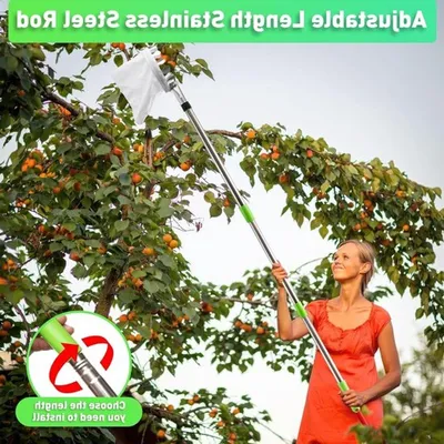 Obstpflücker mit Teleskopstiel, rostfreiem Handgriff und Baumwolltasche, ideal für Äpfel, Birnen und Zitrusfrüchte.
