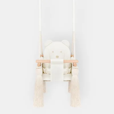 Produktbild von Indoor-Babyschaukel Beige aus Velvet – Mit Sicherheitsgurten, Teddybär-Design, Holzrahmen – Hergestellt in der EU