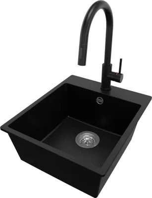 Produktbild von PRIMAGRAN Granitspüle Schwarz 43x50cm, Spülbecken 1 Becken + Küchenarmatur 40x20cm + Ablauf-Set, Küchenspüle ab 45er Unterschrank - Riga