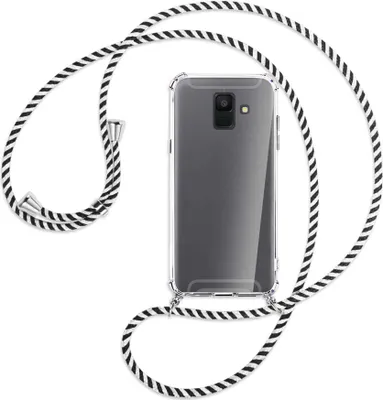 Produktbild von Handykette Backcover-Schutzhülle mit Band (Metall silberfarben) für Samsung Galaxy A6 2018 - schwarz/weiß gestreift
