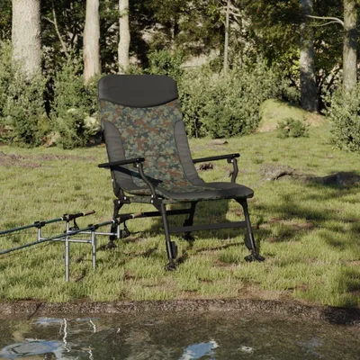 Produktbild von Klappbarer Angelstuhl mit Armlehnen und Tarnmuster, bis 180 kg belastbar, mit verstellbarer Rückenlehne für Camping und Angeln
